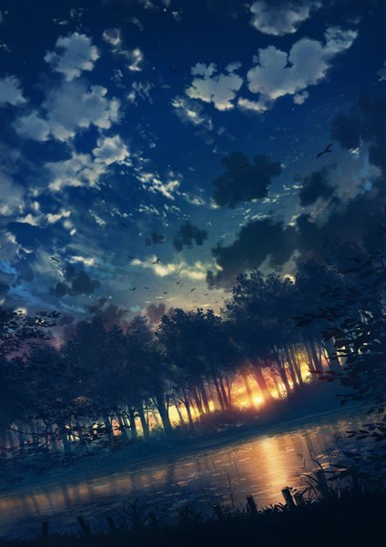 Anime picture 944x1336 with original cola (pixiv) tall image sky cloud (clouds) evening sunset landscape nature lake plant (plants) animal tree (trees) bird (birds) grass