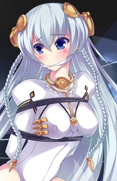 Anime picture 782x1202 with ar tonelico gust (company) shurelia (ar tonelico) maullarmaullar single long hair tall image blush fringe breasts blue eyes light erotic hair between eyes large breasts payot blue hair looking away braid (braids) erect nipples covered nipples