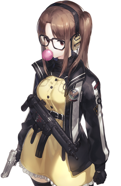 Anime-Bild 752x1152 mit original kfr single long hair tall image fringe simple background brown hair standing white background holding brown eyes payot looking away long sleeves open jacket side ponytail military bubble blowing girl