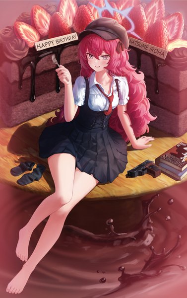 Anime picture 2282x3628 with blue archive iroha (blue archive) supersugar single long hair tall image blush fringe highres hair between eyes sitting looking away full body bent knee (knees) red hair barefoot arm support bare legs shadow short sleeves