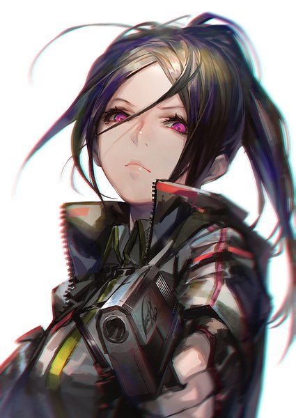 Anime picture 1063x1500 with original luen kulo single long hair tall image looking at viewer fringe black hair simple background hair between eyes white background holding signed payot upper body ponytail pink eyes girl gloves weapon