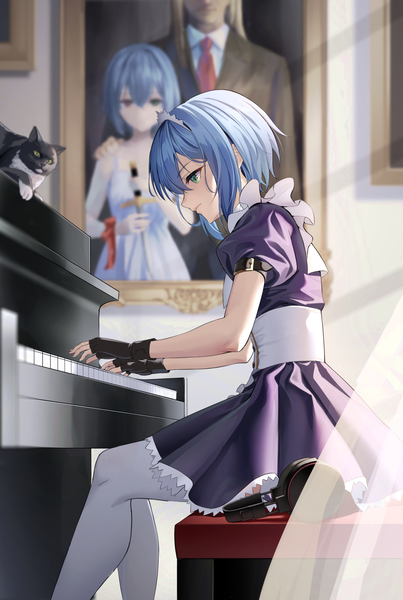 Anime picture 1131x1684 with original sion (9117) single tall image fringe short hair hair between eyes sitting green eyes blue hair looking away indoors profile blurry short sleeves maid puffy sleeves looking down underbust playing instrument