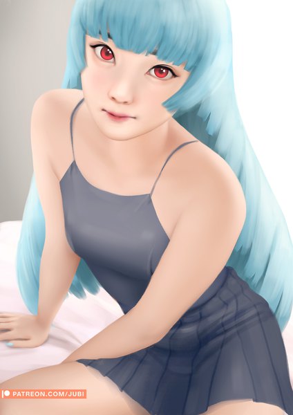 Anime picture 2480x3508 with original jubi (regiana) single long hair tall image looking at viewer fringe highres red eyes sitting bare shoulders signed blue hair blunt bangs pleated skirt expressionless borrowed character girl skirt camisole