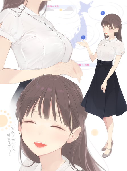 Anime picture 1115x1500 with original ama mitsuki long hair tall image looking at viewer fringe open mouth smile brown hair standing brown eyes looking away full body blunt bangs braid (braids) eyes closed arm up short sleeves high heels text