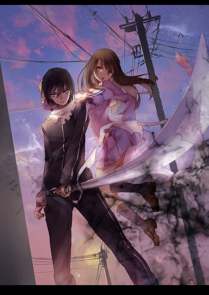 Anime picture 1299x1838 with noragami studio bones yato (noragami) iki hiyori momozi (mkingnight) long hair tall image looking at viewer fringe short hair open mouth brown hair standing holding sky cloud (clouds) tail pleated skirt aqua eyes jumping