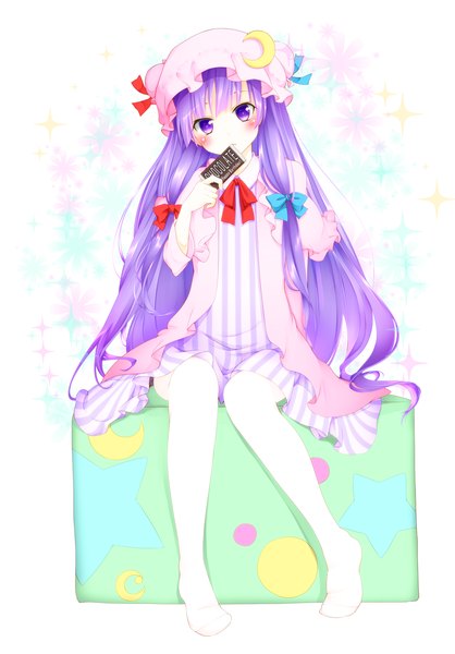 Anime picture 1500x2152 with touhou patchouli knowledge umxzo single long hair tall image looking at viewer blush sitting purple eyes purple hair girl thighhighs dress bow hair bow white thighhighs food sweets bonnet