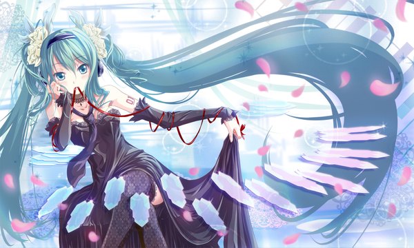 Anime picture 1754x1055 with vocaloid hatsune miku nisson single long hair highres wide image twintails holding very long hair aqua eyes aqua hair crossed legs mouth hold ribbon in mouth girl thighhighs dress hair ornament ribbon (ribbons)