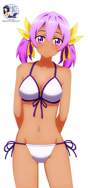 Anime picture 1500x3200 with original shugo19 single long hair tall image looking at viewer fringe breasts light erotic hair between eyes standing twintails purple eyes signed purple hair pink eyes light smile dark skin hands behind back transparent background