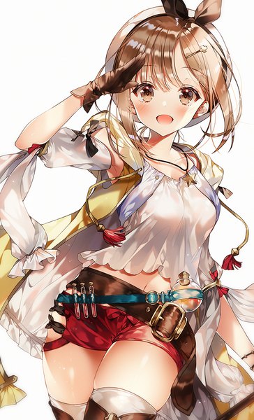 Anime picture 745x1228 with atelier (series) atelier ryza gust (company) reisalin stout weri single tall image looking at viewer blush fringe short hair open mouth simple background smile hair between eyes brown hair standing white background :d arm up