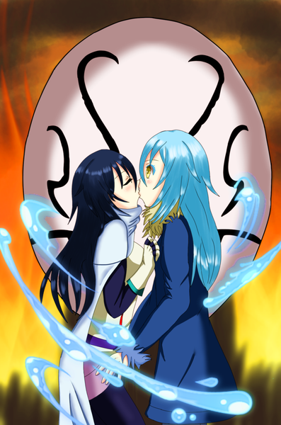 Anime picture 1340x2024 with tensei shitara slime datta ken 8bit rimuru tempest izawa shizue kristi palmer31 long hair tall image blush fringe black hair hair between eyes standing yellow eyes eyes closed profile aqua hair fur trim kiss surprised androgynous