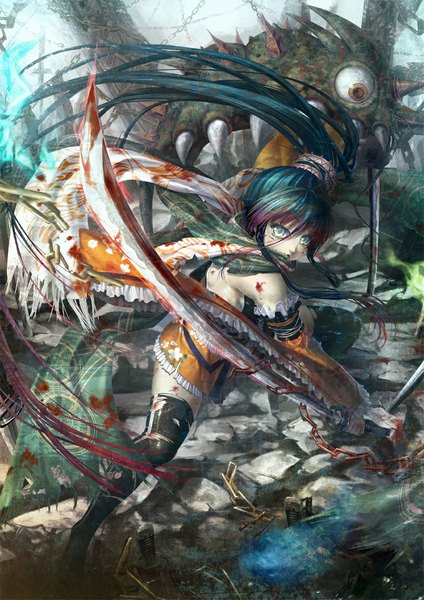 Anime picture 813x1150 with original meganeking long hair tall image looking at viewer blue eyes blue hair ponytail girl thighhighs weapon black thighhighs detached sleeves sword scarf katana blood chain monster