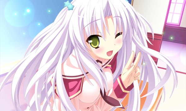 Anime picture 1024x614 with twinkle crusaders twinkle crusaders -passion star stream- lullshare long hair blush open mouth wide image green eyes game cg white hair one eye closed wink victory girl uniform hair ornament school uniform star hair ornament