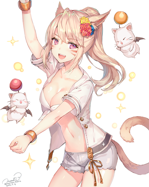 Anime picture 1000x1250 with final fantasy final fantasy xiv square enix miqo'te moogle momoko (momopoco) single long hair tall image looking at viewer fringe breasts open mouth light erotic blonde hair signed animal ears cleavage ponytail tail