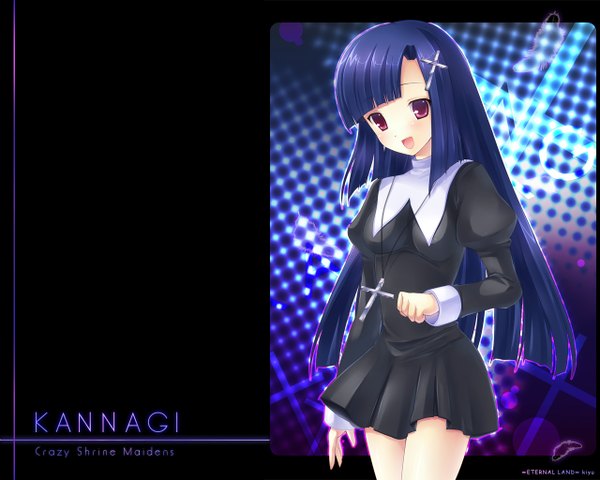 Anime picture 1280x1024 with kannagi zange 6u (eternal land) single long hair blush fringe blue hair blunt bangs pink eyes wallpaper copyright name girl hairclip cross cross necklace