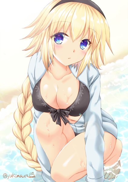 Anime picture 636x900 with fate (series) fate/grand order jeanne d'arc (fate) (all) jeanne d'arc (swimsuit archer) tamagawa yukimaru single tall image looking at viewer blush fringe breasts blue eyes light erotic blonde hair simple background hair between eyes large breasts signed payot cleavage