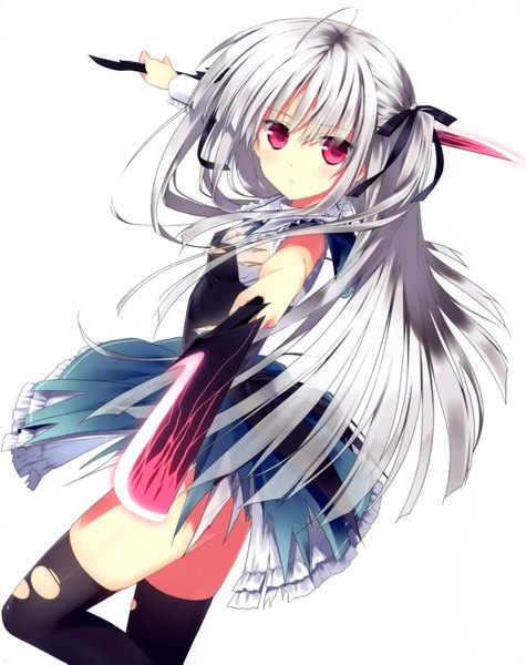 Anime picture 3178x4013 with absolute duo 8bit yurie sigtuna single long hair tall image looking at viewer highres light erotic simple background white background absurdres white hair pink eyes torn clothes girl thighhighs weapon sword torn thighhighs