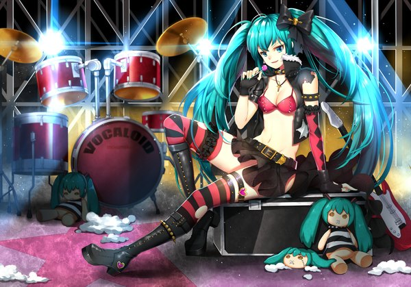 Anime picture 2000x1399 with vocaloid hatsune miku greetload single highres light erotic very long hair aqua eyes aqua hair girl thighhighs skirt gloves navel bow hair bow miniskirt food boots sweets