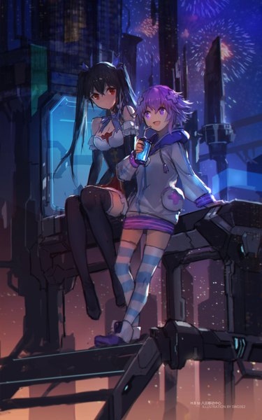 Anime picture 1477x2362 with choujigen game neptune noire neptune (choujigen game neptune) swd3e2 long hair tall image fringe short hair breasts open mouth black hair smile hair between eyes red eyes large breasts sitting twintails purple eyes multiple girls signed