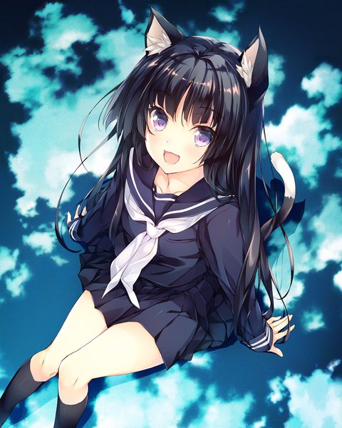 Anime picture 800x1000 with original amami mikihiro single long hair tall image looking at viewer blush fringe open mouth black hair smile sitting purple eyes animal ears tail blunt bangs long sleeves :d animal tail pleated skirt