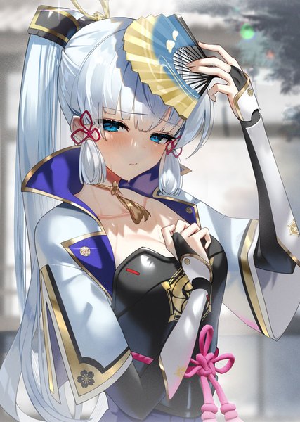 Anime picture 697x980 with genshin impact kamisato ayaka scottie (phantom2) single long hair tall image looking at viewer blush blue eyes silver hair upper body ponytail arm up embarrassed girl armor fan hair tubes bridal gauntlets breastplate