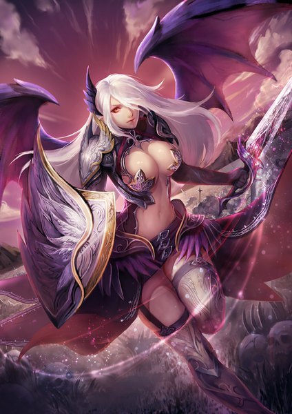 Anime-Bild 723x1023 mit original zeroshiki kouichi single long hair tall image fringe breasts light erotic large breasts holding sky cleavage cloud (clouds) bent knee (knees) white hair horn (horns) hair over one eye bare belly sparkle orange eyes