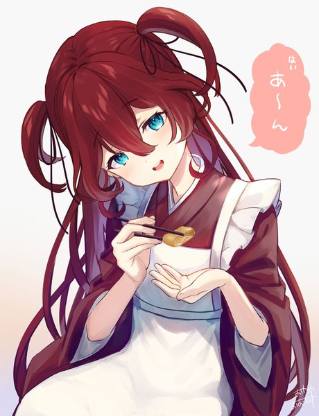 Anime picture 1151x1500 with original okanoyuno single long hair tall image looking at viewer fringe blue eyes simple background hair between eyes red hair traditional clothes head tilt japanese clothes two side up feeding girl food kimono apron