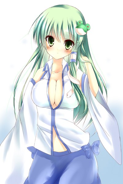 Anime picture 2000x3000 with touhou kochiya sanae amane ruri single long hair tall image blush highres breasts light erotic simple background white background green eyes green hair girl hair ornament detached sleeves hair tubes