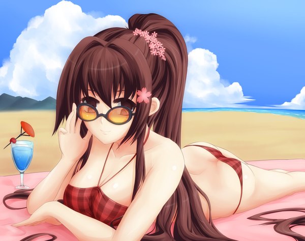 Anime picture 1895x1500 with kantai collection yamato super battleship ahsiu single long hair looking at viewer highres light erotic brown hair brown eyes sky cloud (clouds) ponytail lying hair flower beach girl hair ornament flower (flowers) swimsuit