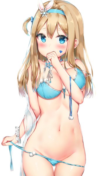 Anime picture 2540x4093 with girls frontline suomi kp31 (girls frontline) bachibachi (tisen) single long hair tall image looking at viewer blush fringe highres breasts blue eyes light erotic simple background blonde hair hair between eyes white background bare shoulders payot cleavage