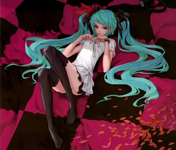 Anime picture 3855x3280 with vocaloid world is mine (vocaloid) hatsune miku redjuice single long hair highres blue eyes smile twintails absurdres lying very long hair aqua eyes scan aqua hair zettai ryouiki girl thighhighs dress