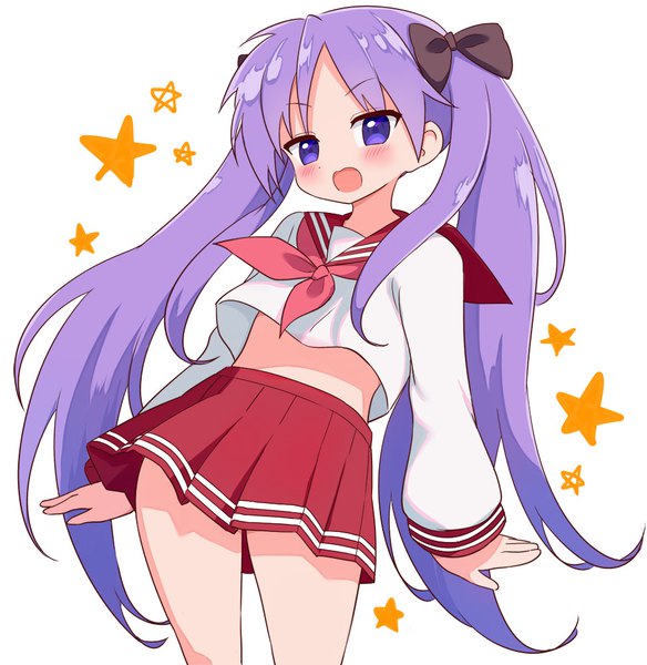 Anime picture 973x1000 with lucky star kyoto animation hiiragi kagami kemu (pixiv463430) single tall image blush open mouth simple background standing white background purple eyes twintails purple hair very long hair :d pleated skirt girl skirt uniform