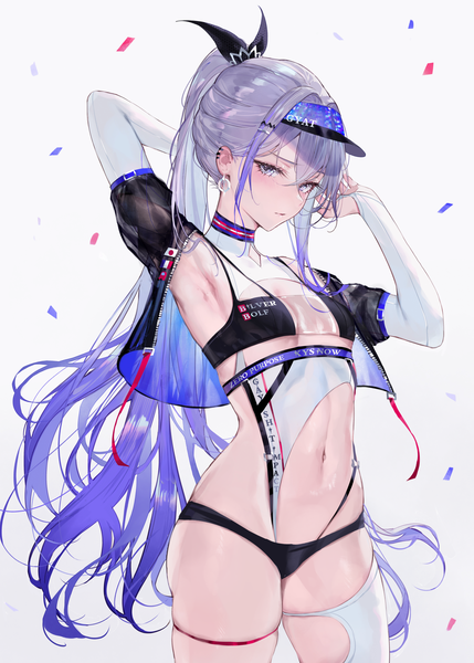 Anime picture 4131x5781 with honkai: star rail honkai (series) silver wolf (honkai: star rail) qiandaiyiyu single long hair tall image looking at viewer blush fringe highres breasts light erotic simple background hair between eyes standing white background payot absurdres silver hair