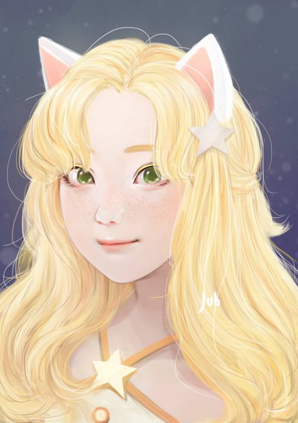 Anime picture 1447x2048 with original jubi (regiana) single long hair tall image looking at viewer blonde hair green eyes signed animal ears light smile cat ears realistic portrait wavy hair freckles borrowed character girl hair ornament star (symbol)