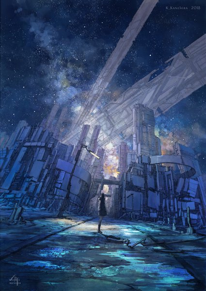Anime picture 1200x1692 with original k kanehira single tall image short hair standing signed looking away sky full body night night sky watermark landscape fantasy scenic logo milky way girl boots
