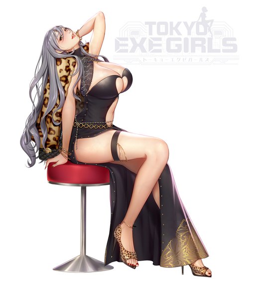 Anime picture 780x900 with tokyo exe girls masami chie single long hair tall image looking at viewer blush breasts light erotic large breasts white background sitting brown eyes cleavage full body grey hair official art copyright name arm behind head side slit