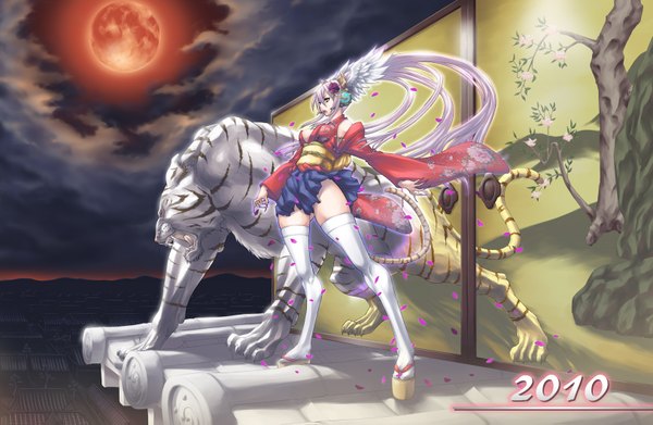 Anime picture 1630x1063 with original teku (2nd escape) single light erotic red eyes standing animal ears purple hair tail very long hair traditional clothes japanese clothes animal tail miko head wings red moon girl thighhighs detached sleeves animal
