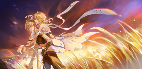 Anime picture 2400x1167 with genshin impact lumine (genshin impact) aether (genshin impact) oyakorodesu long hair fringe highres short hair open mouth blonde hair hair between eyes wide image standing signed yellow eyes sky cloud (clouds) outdoors braid (braids) eyes closed