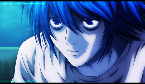 Anime picture 1819x1060 with death note madhouse l (death note) naruto999-by-roker single highres short hair blue eyes wide image blue hair coloring close-up face boy t-shirt