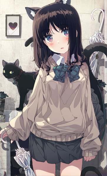 Anime picture 708x1170 with original ogipote single long hair tall image looking at viewer blush fringe open mouth blue eyes black hair standing holding animal ears indoors tail head tilt animal tail pleated skirt cat ears