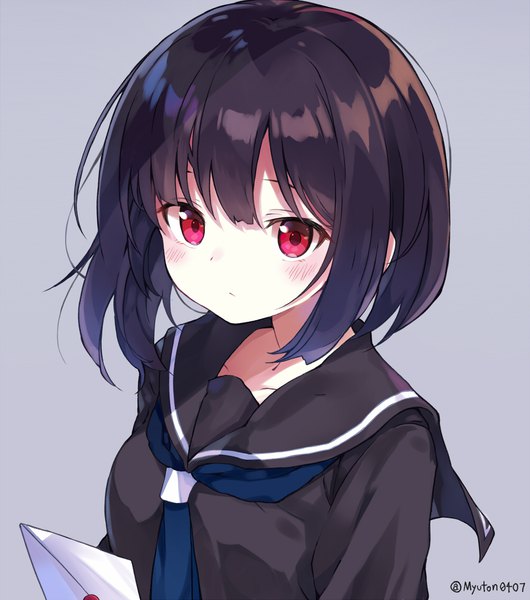 Anime picture 1000x1131 with original myuton single tall image blush short hair black hair simple background signed looking away upper body from above grey background twitter username girl uniform serafuku envelope