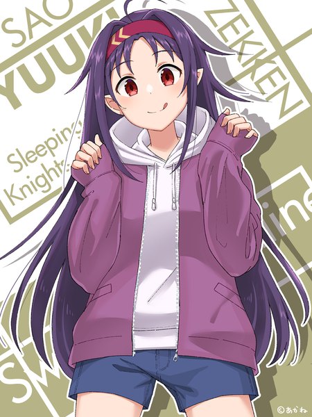 Anime picture 1500x2000 with sword art online a-1 pictures yuuki (sao) akane (akaneoekaki0928) single long hair tall image looking at viewer smile red eyes standing purple hair ahoge long sleeves pointy ears open jacket character names sleeves past wrists girl jacket