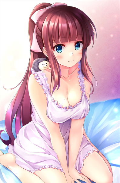 Anime picture 793x1200 with new game! doga kobo takimoto hifumi soujirou (new game!) pasdar single long hair tall image looking at viewer blush fringe breasts blue eyes light erotic sitting cleavage ponytail red hair indoors blunt bangs