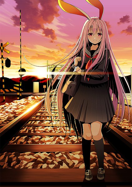 Anime picture 636x900 with touhou reisen udongein inaba yuuka nonoko single tall image looking at viewer blush fringe smile hair between eyes standing animal ears pink hair sky cloud (clouds) outdoors long sleeves very long hair pleated skirt pink eyes