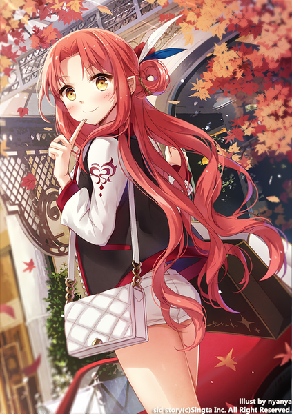 Anime picture 700x992 with sid story original nyanya single long hair tall image looking at viewer blush smile yellow eyes outdoors red hair official art finger to mouth autumn hair rings girl hair ornament shorts leaf (leaves)
