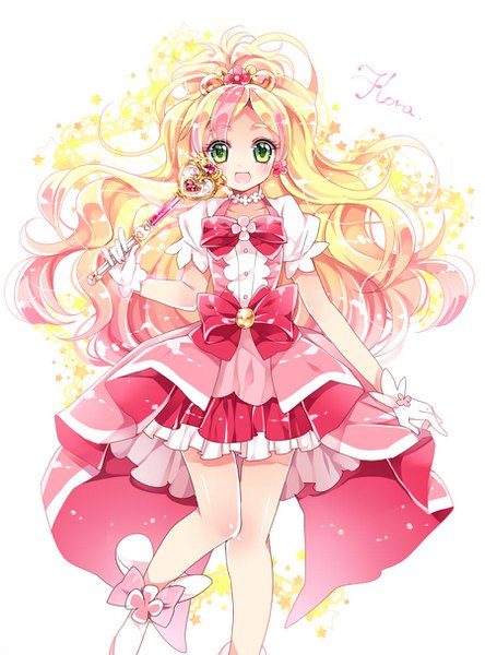 Anime picture 900x1216 with precure go! princess precure toei animation haruno haruka cure flora ayumaru (art of life) single long hair tall image looking at viewer blush open mouth blonde hair white background green eyes bent knee (knees) ponytail :d multicolored hair two-tone hair