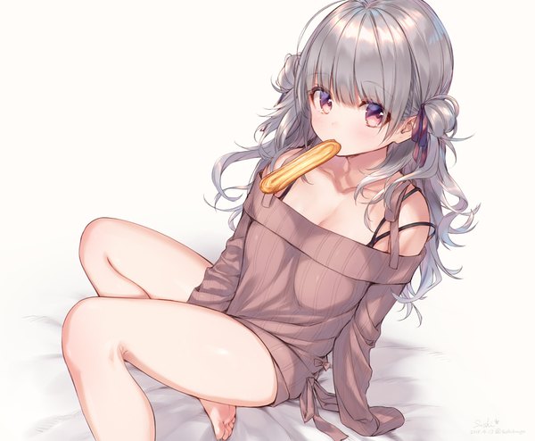 Anime picture 971x800 with original suisen single long hair looking at viewer light erotic simple background white background purple eyes bare shoulders holding silver hair from above off shoulder bare legs mouth hold girl ribbon (ribbons) hair ribbon food