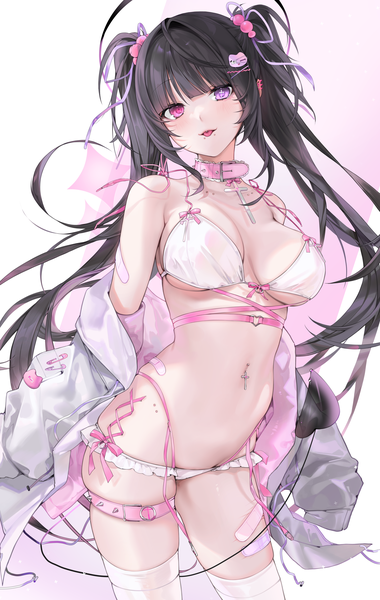 Anime picture 3805x6000 with original eliza (unxi) unxi single long hair tall image looking at viewer blush fringe highres breasts light erotic black hair simple background large breasts standing purple eyes payot absurdres tail