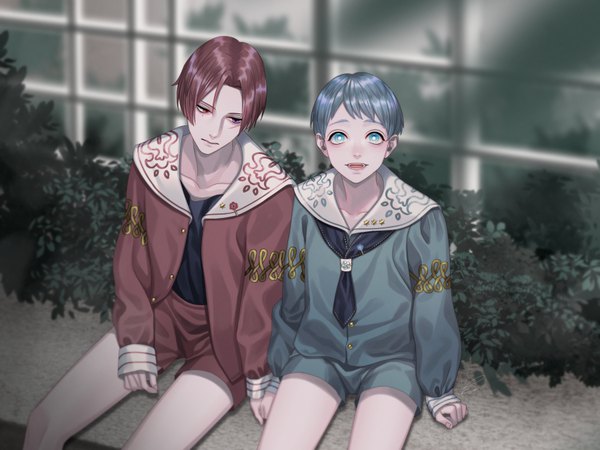 Anime picture 900x675 with original kurayoshi samu (sum) looking at viewer fringe short hair open mouth smile red eyes sitting purple eyes signed red hair aqua eyes grey hair mole arm support multiple boys mole under eye heterochromia holding hands