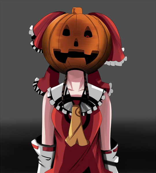 Anime picture 1080x1200 with touhou hakurei reimu kikurage (sugi222) single tall image looking at viewer simple background red eyes standing grey background gradient background halloween girl detached sleeves frills ascot jack-o'-lantern