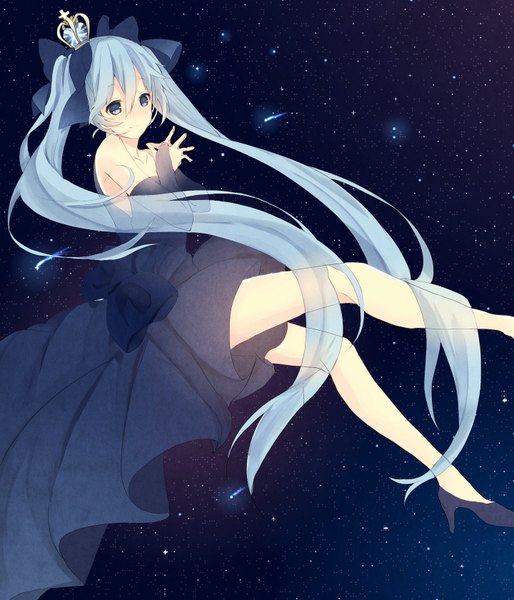 Anime picture 1440x1680 with vocaloid hatsune miku m0chigo3 single tall image looking at viewer blue eyes smile twintails blue hair very long hair girl dress crown